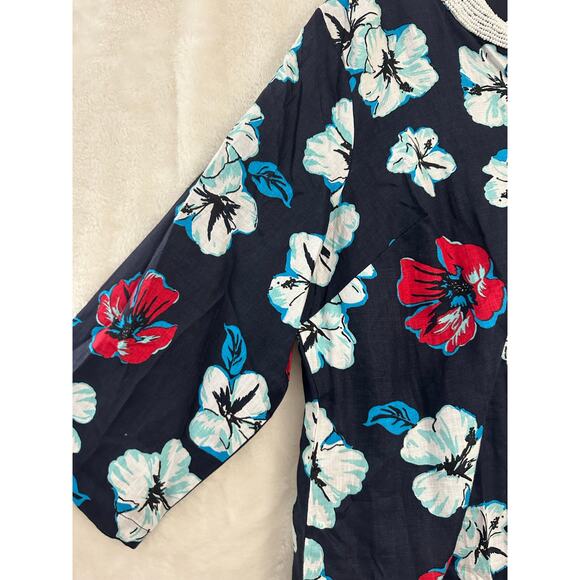NWT Talbots Navy Floral Longline Top 3X Beaded 100% Linen - Picture 4 of 9